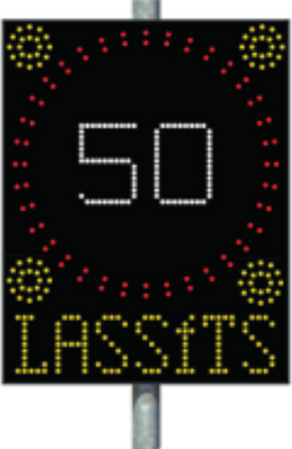 Sebességhatár jelző tábla 50 km/h LASSÍTS felirattal